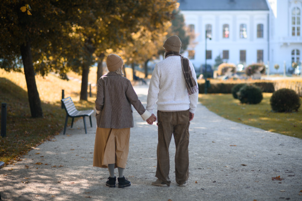 Rear view of beautiful senior couple during walk in autumn park. Elderly husband and wife holding hands.