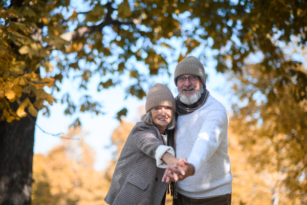 Portrait of beautiful senior couple during walk in autumn park, looking at camera and smiling