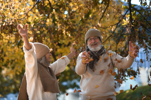 Beautiful senior couple during walk in autumn park, playing in the fallen leaves. Elderly husband and wife throwing leaves in the air.