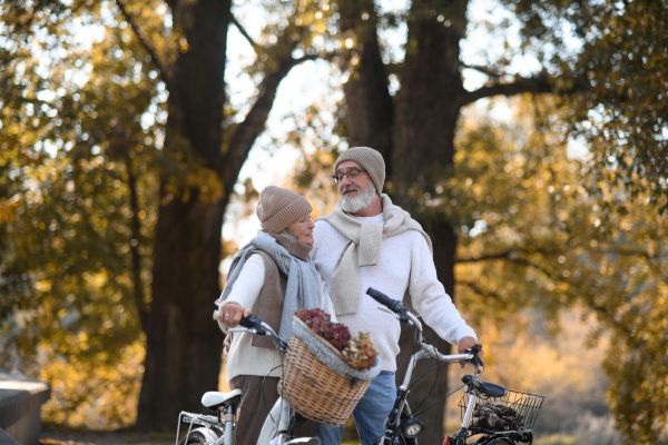 Elderly couple on walk in park, pushing their bikes side by side. Seniors in love on stroll through autumn city, enjoying a peaceful moment.