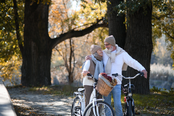 Elderly couple on walk in park, pushing their bikes side by side. Seniors in love on stroll through autumn city, enjoying a peaceful moment.