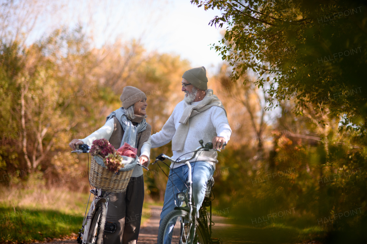 Elderly couple on walk in park, pushing their bikes side by side. Seniors in love on stroll through autumn city, enjoying a peaceful moment.