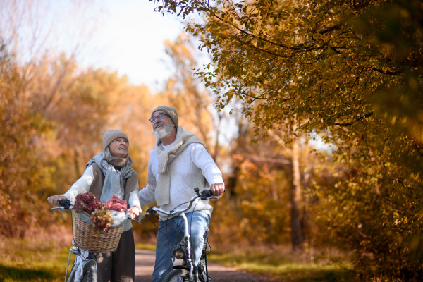 Elderly couple on walk in park, pushing their bikes side by side. Seniors in love on stroll through autumn city, enjoying a peaceful moment.