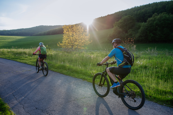 An active senior couple riding electric bicycles on path at summer park, healthy lifestyle concept. Rear view.