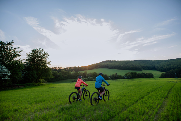 An active senior couple riding electric bicycles on path at summer park, healthy lifestyle concept. Rear view.