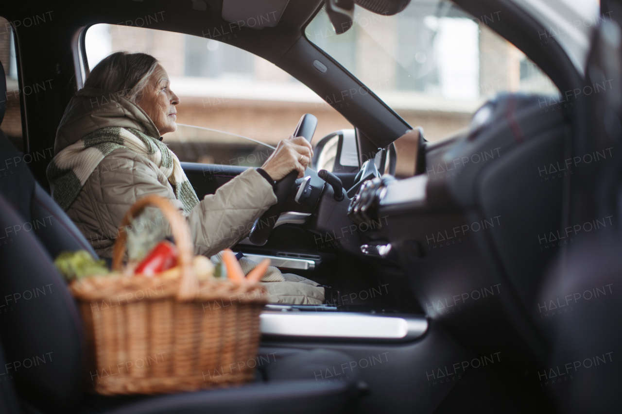 Senior woman driving a car,retourning from a grocery store.