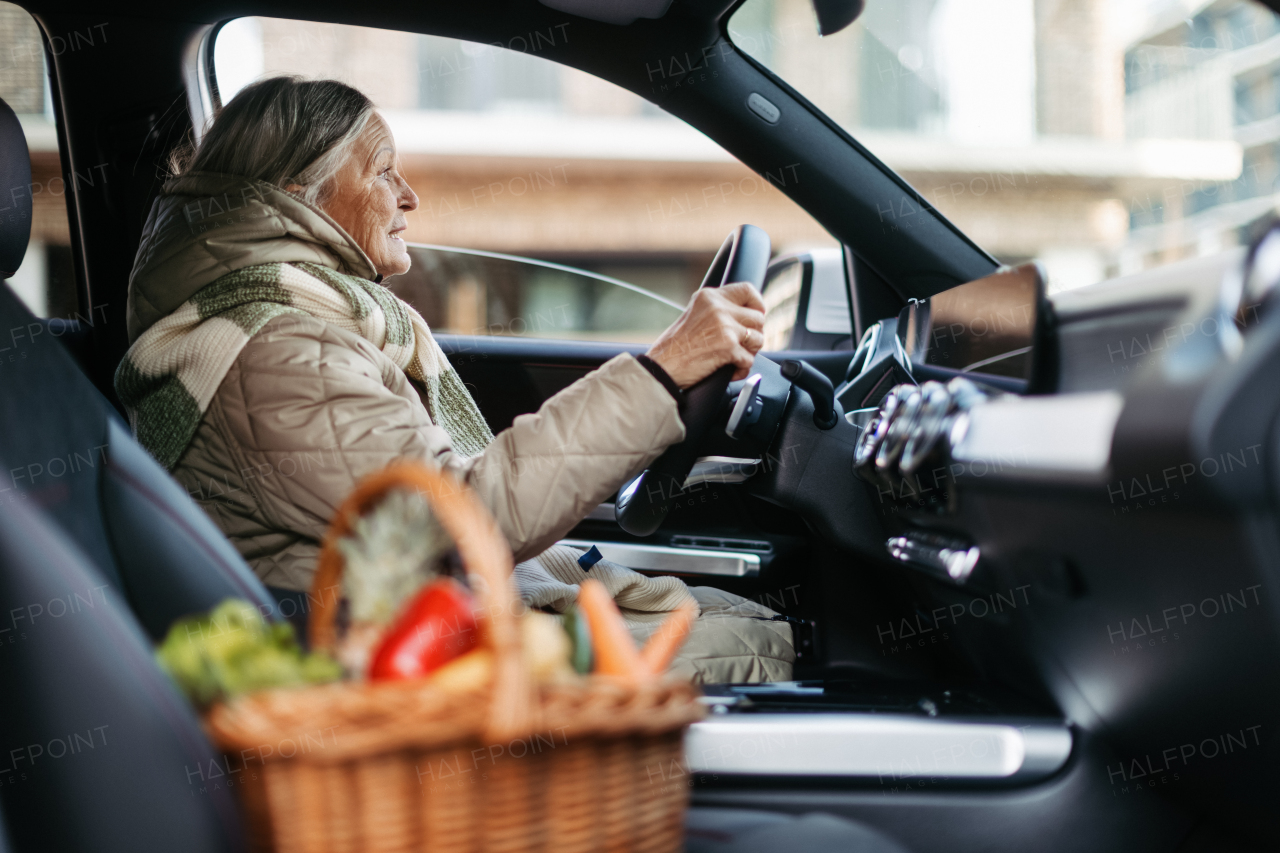 Senior woman riding a car, coming home from grocery.