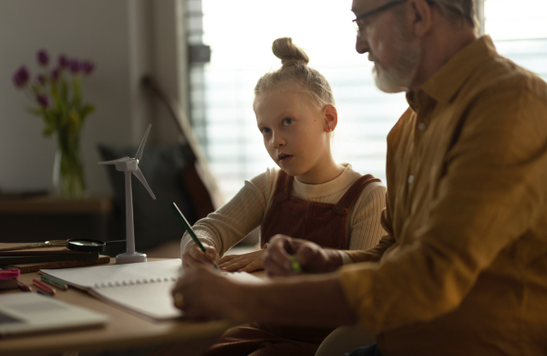 Senior man studying with his granddaughter.