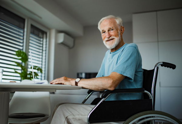 Senior man in a wheelchair working from home during retirement. Elderly man using digital technologies, working on a laptop. Concept of seniors and digital skills.