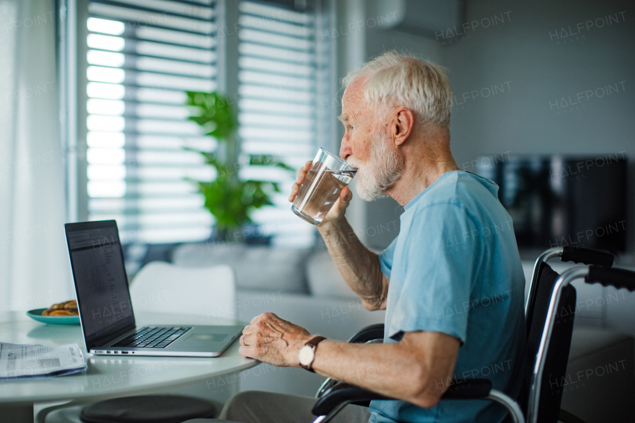 Senior man in a wheelchair working from home during retirement. Elderly man using digital technologies, working on a laptop, videocalling someone. Concept of seniors and digital skills.