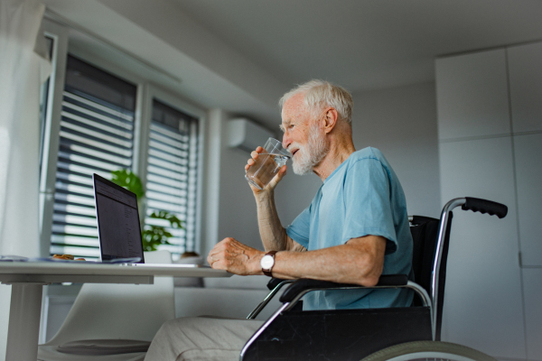 Senior man in a wheelchair shopping online on laptop. Elderly man using digital technologies, working on a notebook in his kitchen. Concept of seniors and digital skills.