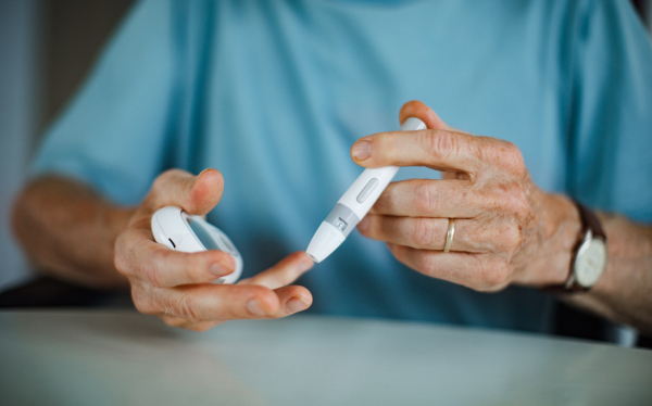 Diabetic senior man on wheelchair checking his blood sugar level with fingerstick testing glucose meter. Portrait of elderly man with type 1 diabetes using blood glucose monitor at home.