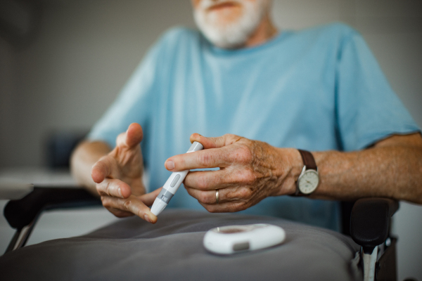 Diabetic senior man on wheelchair checking his blood sugar level with fingerstick urbaning glucose meter. Portrait of elderly man with type 1 diabetes using blood glucose monitor at home.