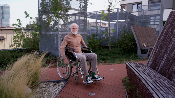 Senior man in a wheelchair sitting outside in an urban garden, enjoying a warm autumn day. Video of a elegant elderly man with gray hair and beard in rooftop garden in the city.