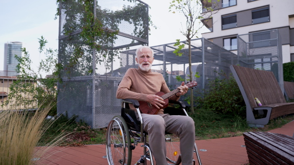 Senior man sitting in a wheelchair outdoors, playing the ukulele. Retired musician playing the guitar, remebering about old times. Therapeutic effects of music on elderly people.