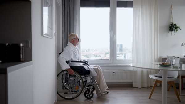 Senior man in a wheelchair spending time alone in his apartment. Concept of loneliness and dependence of retired people.