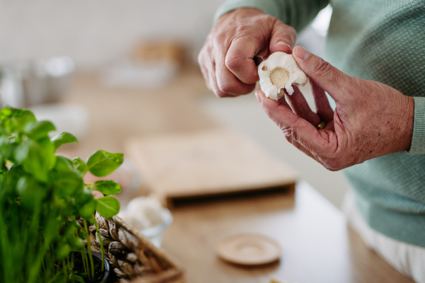 Close up of senior man peeling off a garlic.