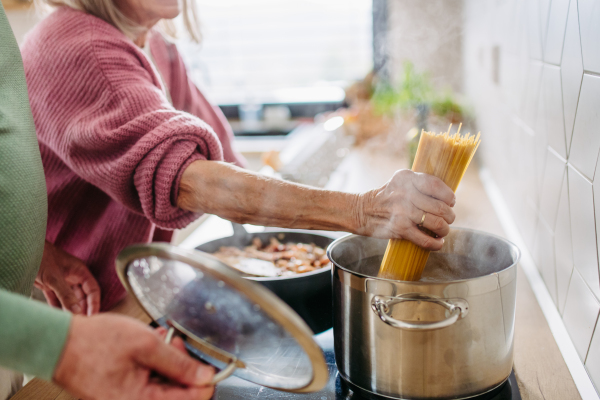 Senior couple cooking together in the kitchen.