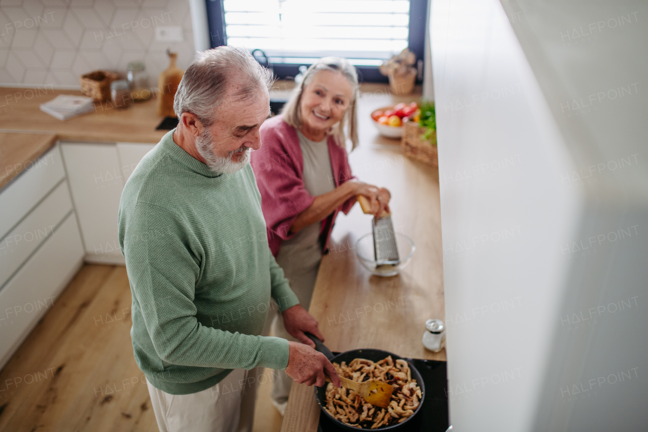 Senior couple cooking together in the kitchen.