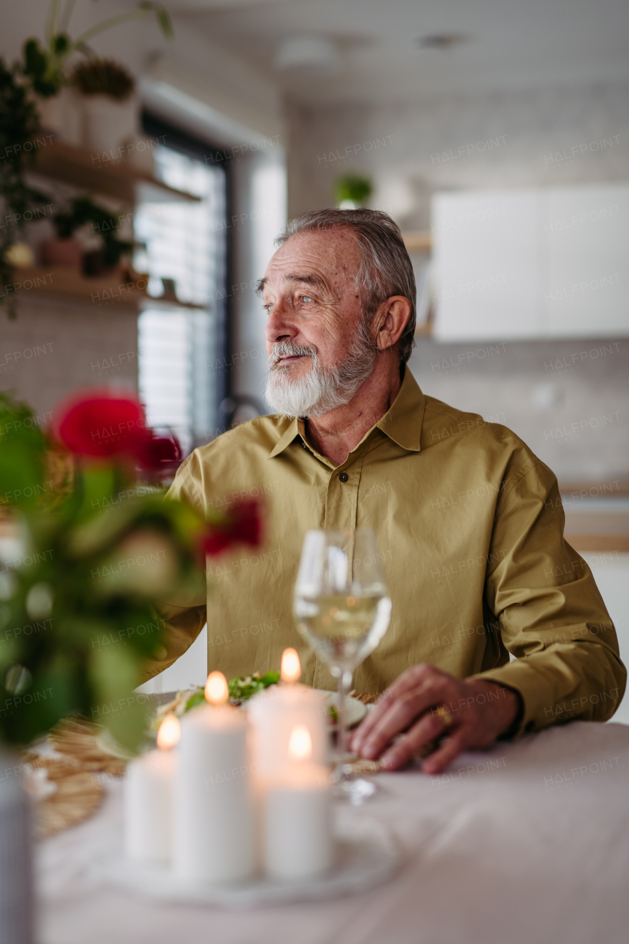 Senior man waiting for her wife for celebrating her birthday.