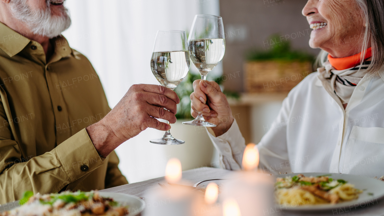 Senior man with his wife celebrating anniversary. Eldery couple having a romantic dinner, making cheers with wine glasses.