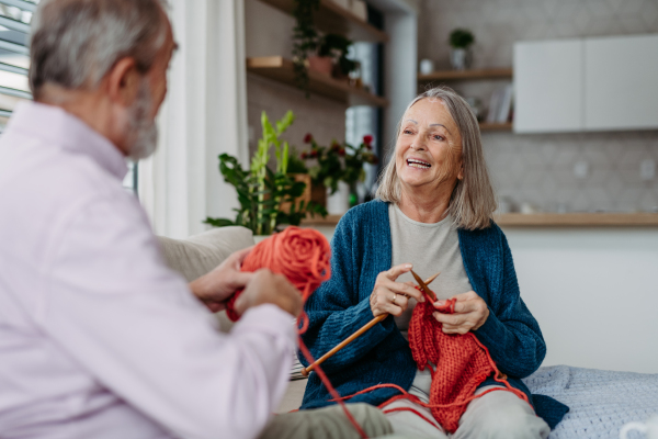 Senior couple knitting together in the living room.