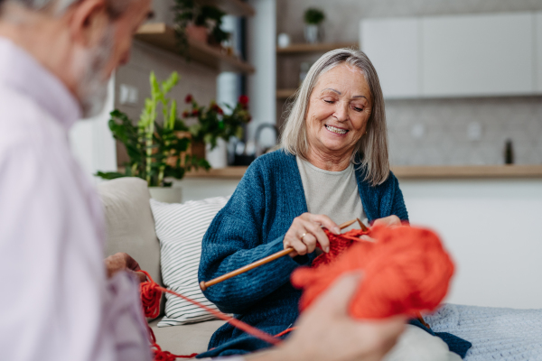 Senior couple knitting together in the living room.