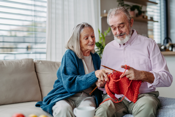 Senior couple knitting together in the living room.