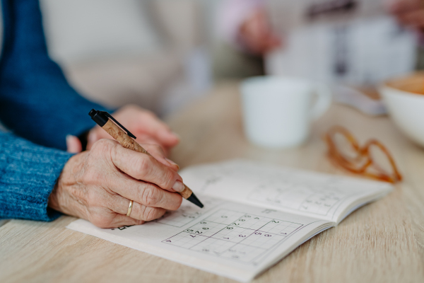 Close up of senior woman doing sudoku.