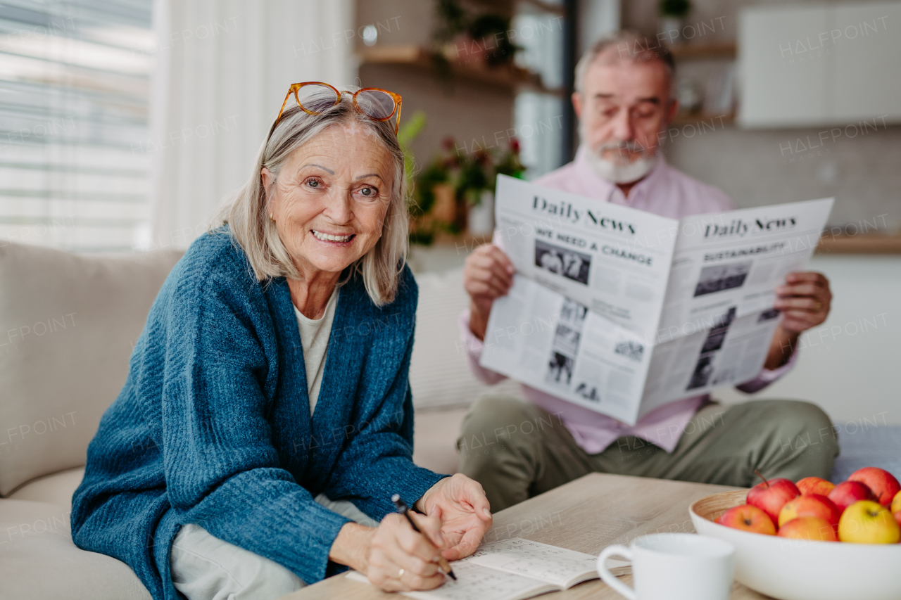 Senior couple spending leisure time together in the living room.