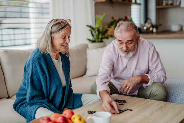 Senior couple playing dominoes game at home.