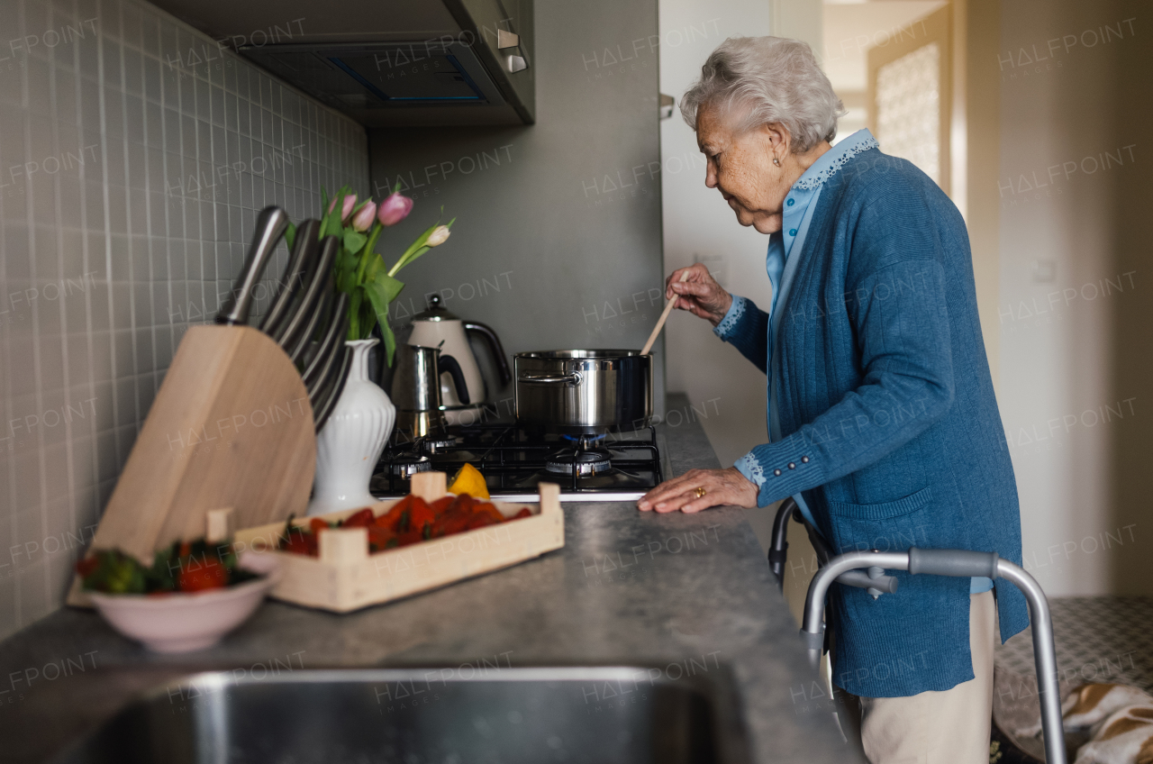 Happy senior woman cooking in the kitchen. Gradmother making jam from fresh strawberries.