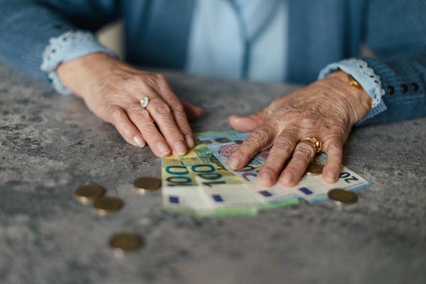 Close up of senior woman counting her pension at home.