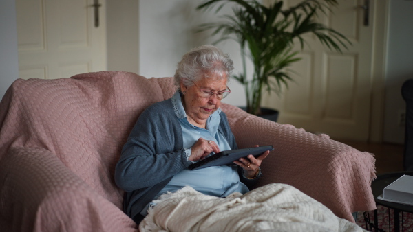 Portrait of senior woman browsing on her tablet. Elderly woman using mobile pohone at home.