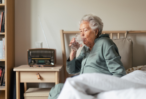 Senior woman sitting in pajama on a bed and drinkig water.