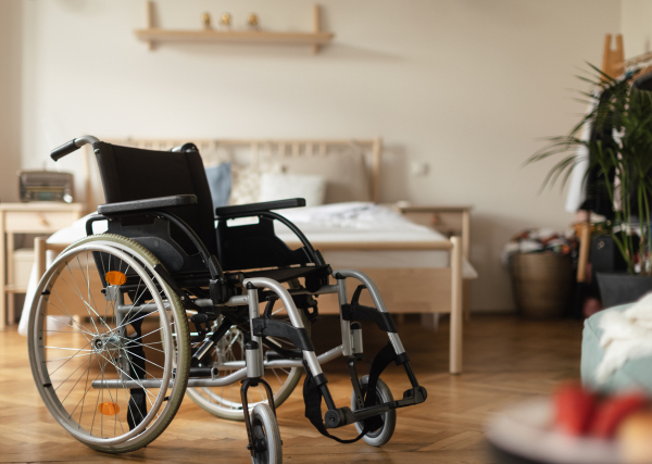 Close up of wheelchair in the bedroom.