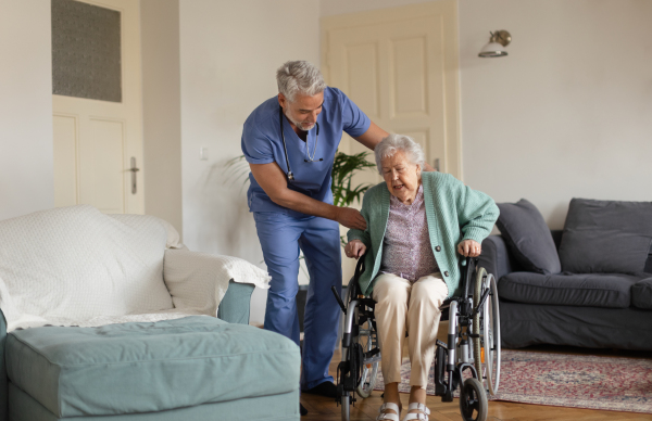 Caregiver helping senior woman to stand from her wheelchair in her home. An elderly woman is patiently trying to get up from her wheelchair.