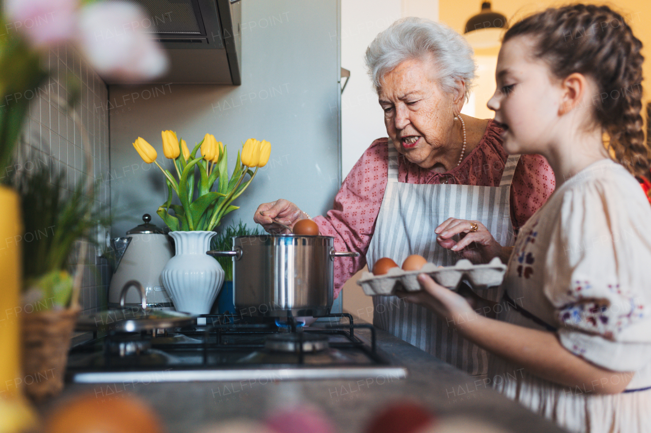 Grandmother with grandaughter preparing traditional easter meals, boiling eggs with natural dye to colour shells. Passing down family recipes, custom and stories. Concept of family easter holidays.