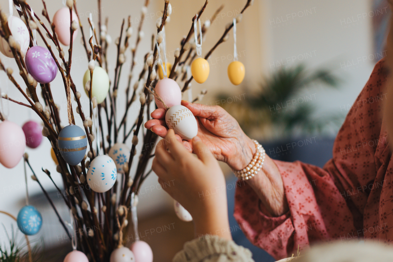 Close up of decorating pussy willows branches, putting easter eggs on them. Concept of family easter holidays.