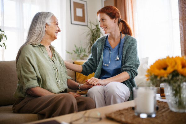 Nurse cosulting with senior woman her health condition at her home.