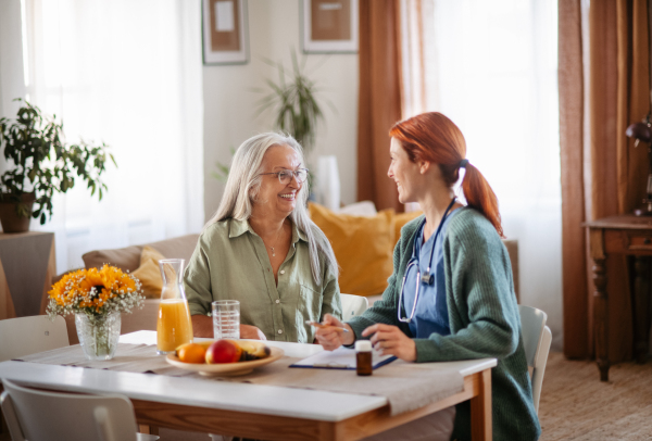 Nurse cosulting with senior woman her health condition at her home.