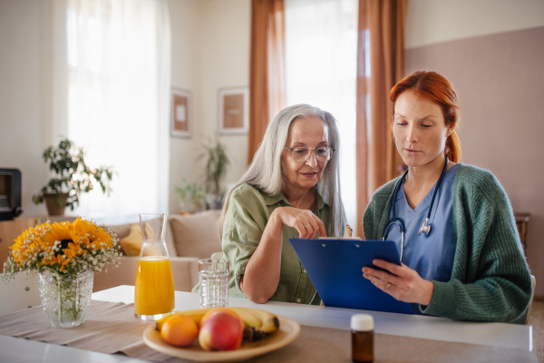 Nurse cosulting with senior woman her health condition at her home.