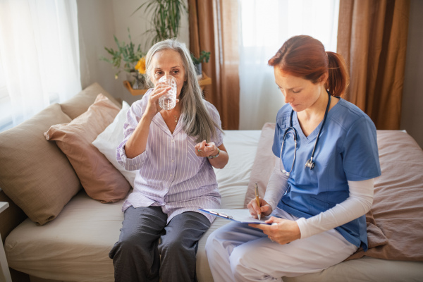 Nurse cosulting with senior woman her health condition and taking pills, at her home.