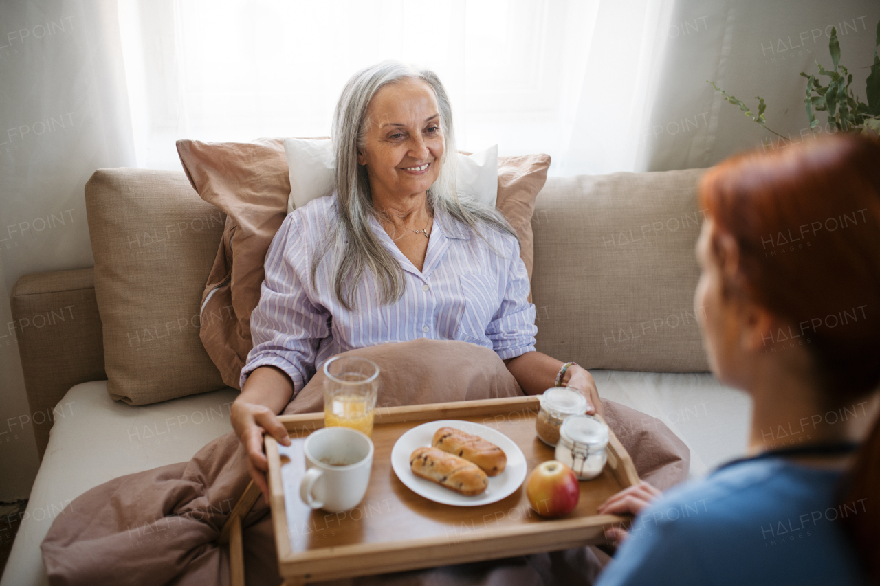 Nurse serving food in the bed to a lying patient at her home. Senior woman eating breakfast in bed after surgery. Female caregiver taking care of elderly patient.