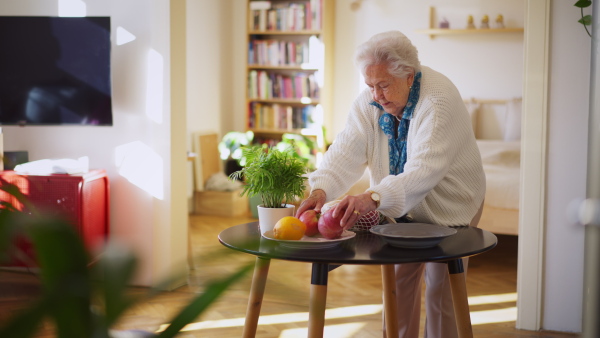 An elderly senior woman returning from shopping with a bag of apples.