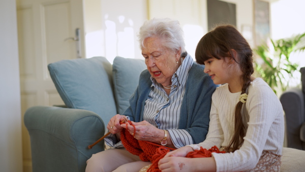 A grandmother teaching girl to knit, o knit, holding knitting needles, red yarn, and making a blanket. Multigenerational, spending quality time together, relationship with elderly.