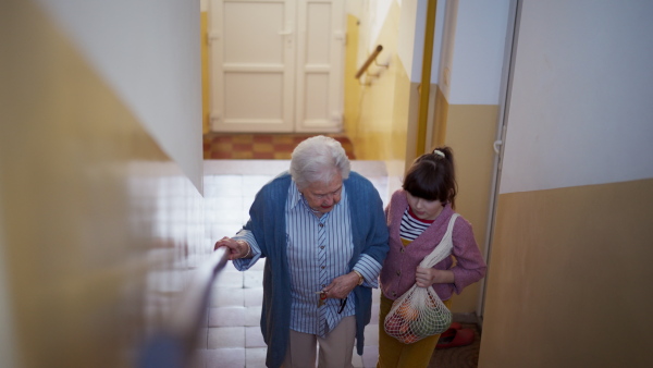 A granddaughter helping senior grandmother walk up the stairs, going grocery shopping. Girl holding hand of her elderly woman, providing stability while walking.