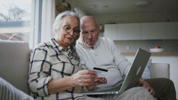 A senior couple sitting on sofa and shopping online with laptop and credit card.