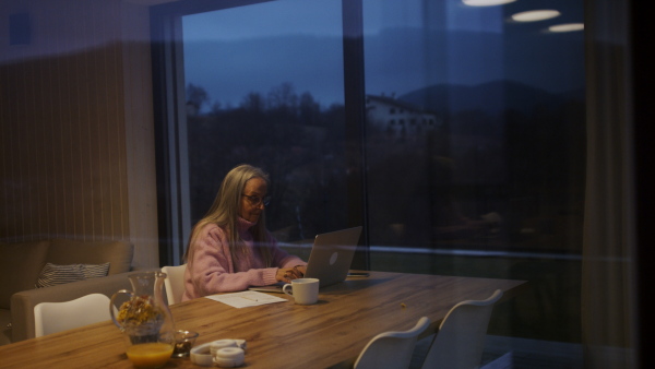 A senior woman sitting indoor and working on laptop. View trough the window.