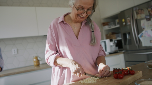 A happy senior couple cooking together at home, close-up.